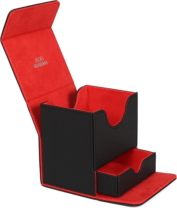 AEGIS GUARDIAN Card Deck Box with Dice Tray for MTG Cards, Commander Deck Box fit 150+ Sleeved Cards, PU Leather Card Storage Box Strong Magnet Deck Game Case for TCG CCG, Red Ineer