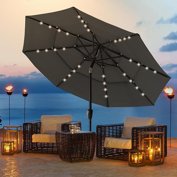 ABCCANOPY Solar Led Patio Umbrellas 3-Tiers 10FT (Dark Gray)