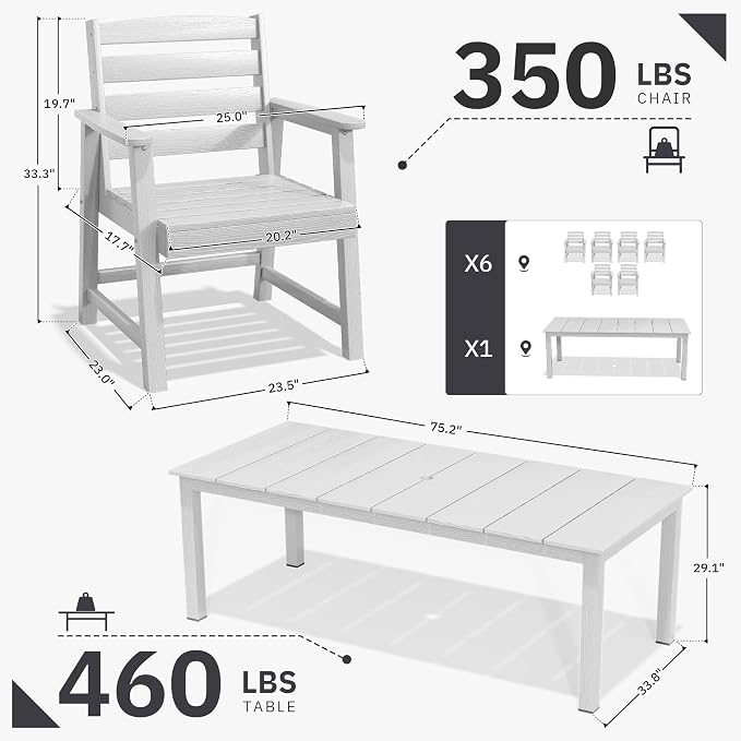 AreShark 7-Piece Outdoor Dining Set,HDPE Patio Table with 6 Chairs,All-Weather Patio Furniture Set with Umbrella Hole,Low Maintenance Wood Grain Dining Set for Backyard,Garden,Poolside,White