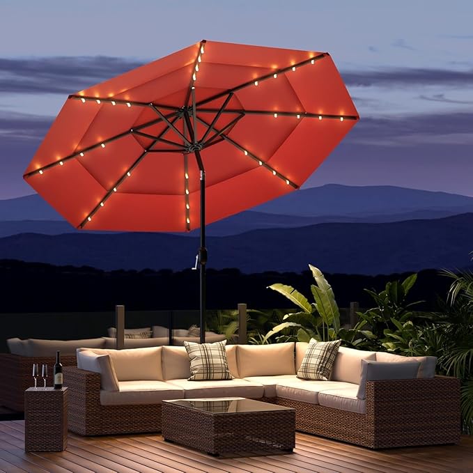 COSIEST 10FT 3 Tiers Patio Umbrella with Solar Lights, LED Outdoor Umbrellas with 8 Sturdy Ribs, Market Patio Table Umbrella with Push Button Tilt, Pool Umbrellas for Garden, Pool, Backyard