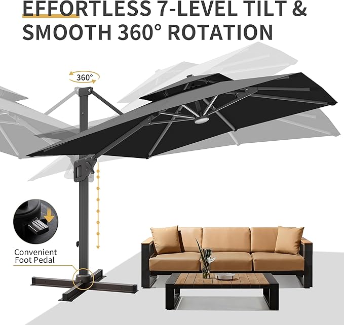 10 X 13 FT Cantilever Patio Umbrella with Led Lights Outdoor Rectangle Offset Large Double Top Heavy Duty Umbrellas with 360°Rotation for Pool Deck Backyard Garden, Black