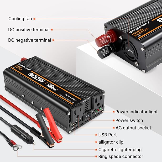 800W Power Inverter, Inverter 12V to 110V with 2 AC Outlets, 2.1A USB Port, Car Power Inverter with Alligator Battery Clamp for Phone, Laptop on Camping, Road Trip