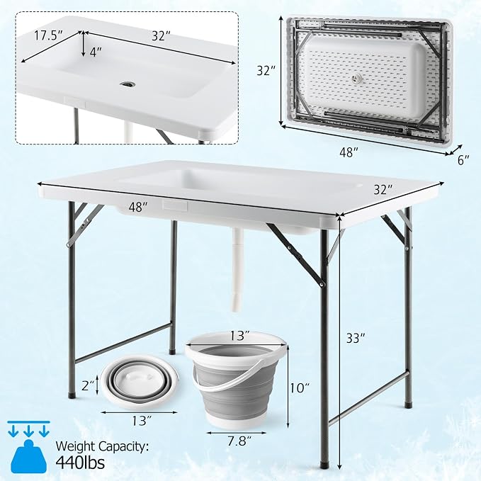 S AFSTAR 4 Foot Folding Ice Table, Buffet Salad Serving Table with Foldable Bucket, Removable Skirt, Drain System & 8" Spacious Edge, Portable Beverage Cooler for Party Camping Picnic Wedding