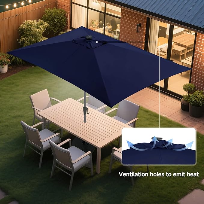 FLAME&SHADE 6.5 x 10 ft Rectangular Solar Powered Outdoor Market Patio Table Umbrella with LED Lights and Tilt, Navy Blue