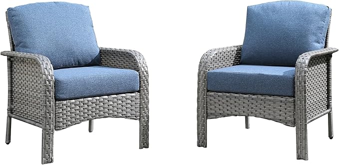 2 PCS Outdoor Patio Furniture Set with Thickened Cushions, All-Weather Rattan Wicker Outdoor Conversation Set for Porch,Backyard,Balcony,Blue