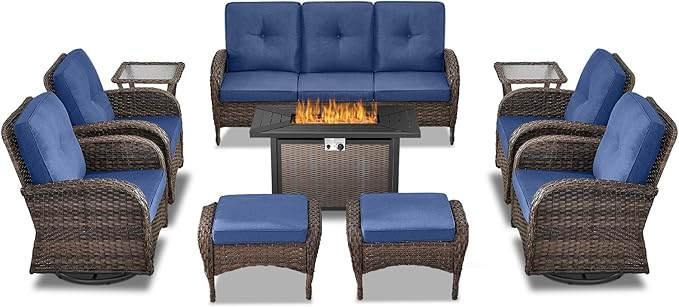 Belord Expansive 10 Pieces Outdoor Patio Furniture Set with 43” Propane Fire Pit Table, Patio Conversation Set with Swivel Rocker Outdoor Chairs Set of 4 and Sofa, Ottoman and Wicker Side Table Brown