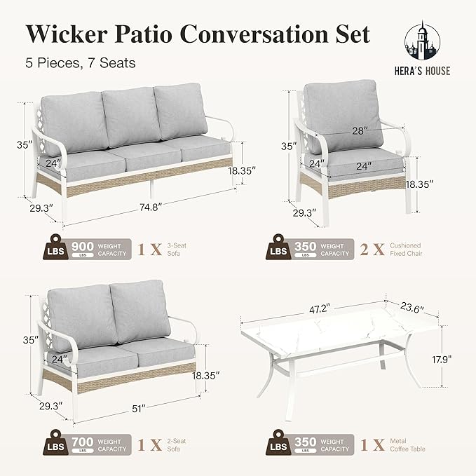 HERA'S HOUSE 5 Piece Metal Patio Furniture Set, 7 Seats All Weather Outdoor Conversation Set, 3 Seat Sofa with Loveseat, 2 Fixed Chairs, Coffee Table for Backyard, Garden, Deck, White/Grey