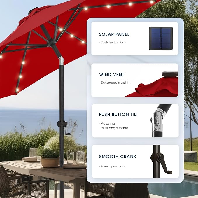 wikiwiki 9FT Solar Led Patio Umbrella with Base Included, 32 LED Lights, 8 Sturdy Ribs, Fade Resistant Waterproof POLYESTER DTY Canopy for Garden, Lawn, Deck, Backyard & Pool, Red
