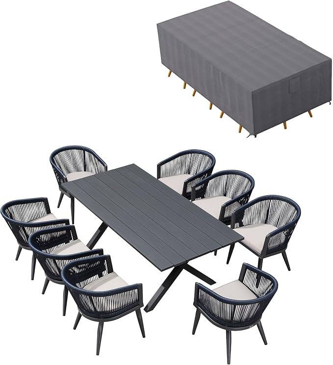 PURPLE LEAF Outdoor Dining Set with Waterproof Furniture Cover 9-Piece All-Weather Patio Set for 8 with Gray Aluminum Table Rope Weave Chairs and Cushions, Gray
