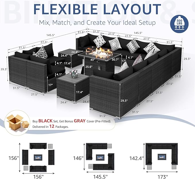 NICESOUL 15 Piece Outdoor Patio Furniture Set with Fire Pit, Extra Large Wide Outdoor Deep Seated Sectional, Cozy 29.3'' High-Back Modular Couch, 500 Lbs High Weight Capacity Wicker Sofa, Gray & Black