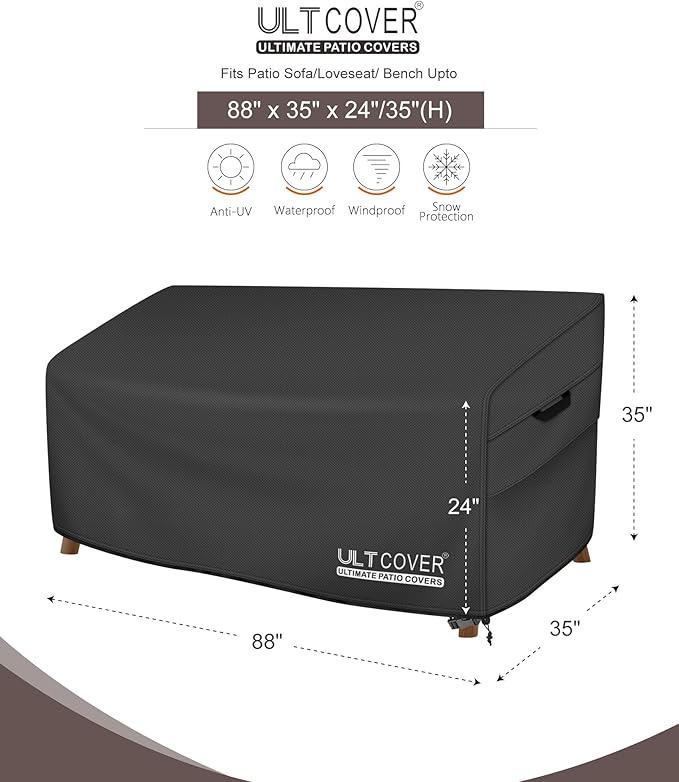 ULTCOVER Patio Furniture Sofa Cover 88W x 35D x 35H inch Waterproof Outdoor 3-Seater Couch Cover, Black
