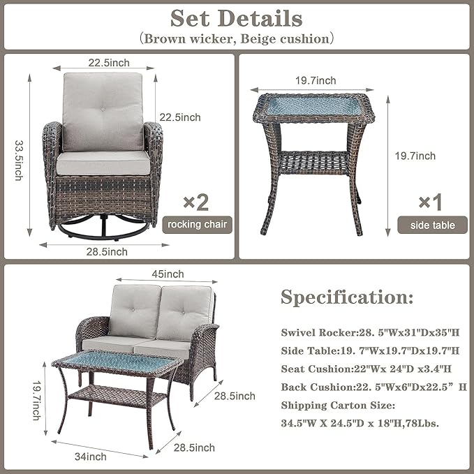 Belord 5-Piece Patio Furniture - Outdoor Conversation with Deep Seating Swivel Rocker Chairs Loveseat and Rattan Coffee Table, Brown with Beige Cushion