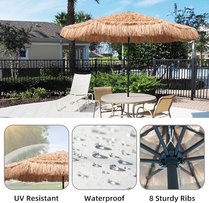 AMMSUN 9ft Hula Thatched Tiki Umbrella Hawaiian Style Beach Patio Umbrella and 8 Ribs with Crank Lift UPF 50+ Outdoor Tiki Bar, Tropical Palapa, Patio Garden Beach Pool Backyard Natural Color