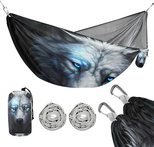 Wolf Camping Hammock, Portable Lightweight Single Hammock with Tree Straps and Aluminum Carabiners, 114" x 54" Travel Hammock for Hiking Backpacking Beach