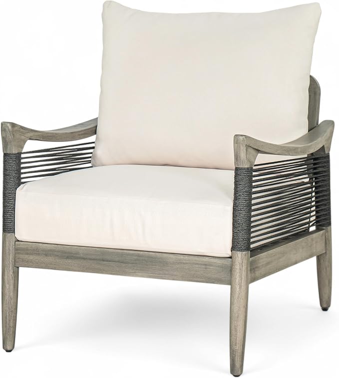 Merax Acacia Wood Patio Club Chair, Woven Rope Armchair with Cushion | Acacia wood frame, woven rope design, thick water-repellent cushion and deep seating for porch, garden, backyard or balcony