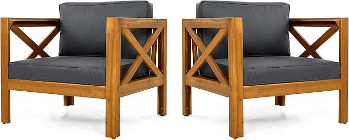 Christopher Knight Home Lucy Acacia Wood Outdoor Patio Furniture Set, 3 Pieces Patio Set, Round Side Table and ArmChairs Conversation Set with Cushion for Garden Lawn Balcony, Dark Gray + Light Teak