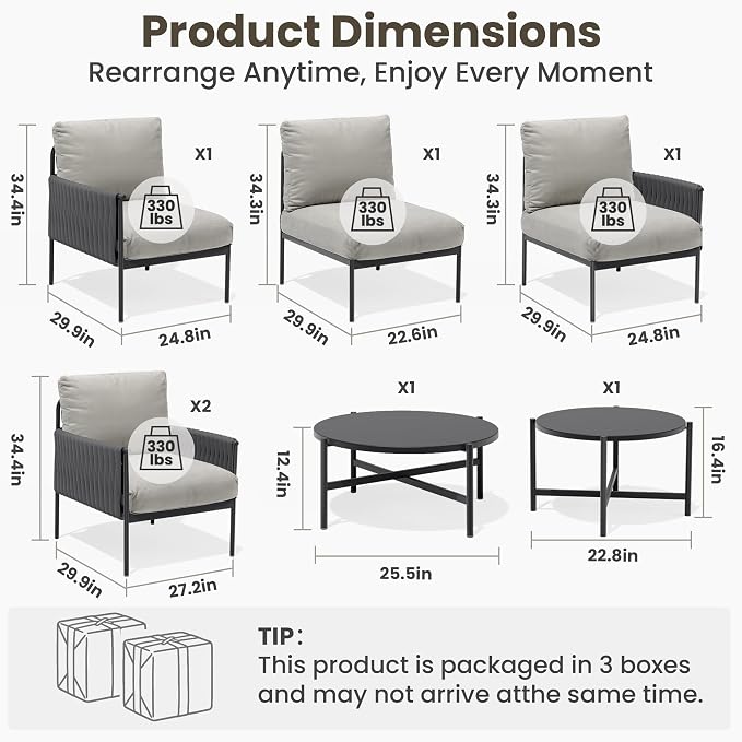 Pamapic 7-Piece Woven Rope Outdoor Furniture Set, Iron Frame Patio Conversation Set with Thick Cushions & 2 Coffee Tables, All-Weather Sectional Patio Furniture Set for Backyard, Porch, Grey