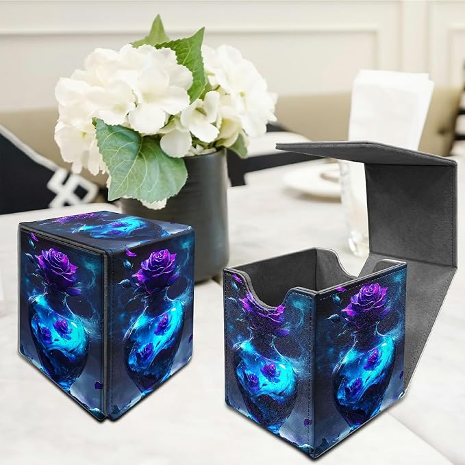 Deck Box for MTG, Cards Storage Box Fits 120+ Sleeved, Leather Medium Size Strong Magnetic Closing Card Case for Board Games Magic TCG CCG Baseball Collection, Purple Rose Vase