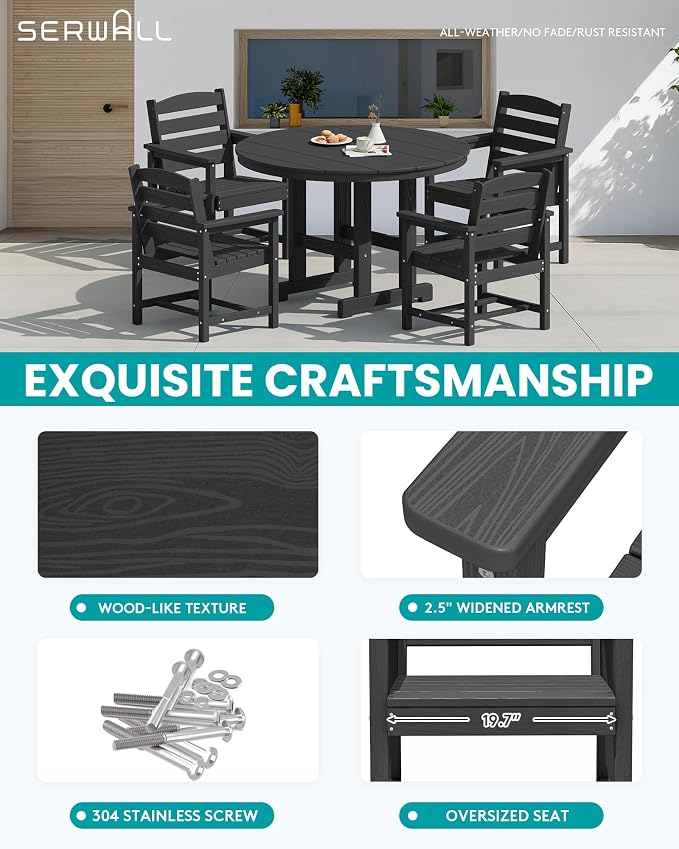 SERWALL Outdoor Round Dining Sets with Umbrella, HDPE Patio Table and Chairs Furniture Set, 45" Round Dining Table & 4 Dining Chairs & 1 9FT Umbrella, Black(Not Include Umbrella Base)