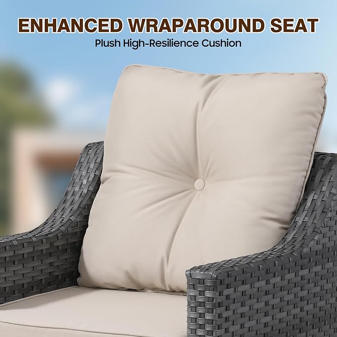 6 Piece Patio Furniture Set, 360°Swivel Glider Patio Chairs Set of 4, Outdoor Side Table Set of 2, Comfortable Seating with Thick Cushions, All-Weather Wicker Patio Set For Porch Deck Balcony Garden