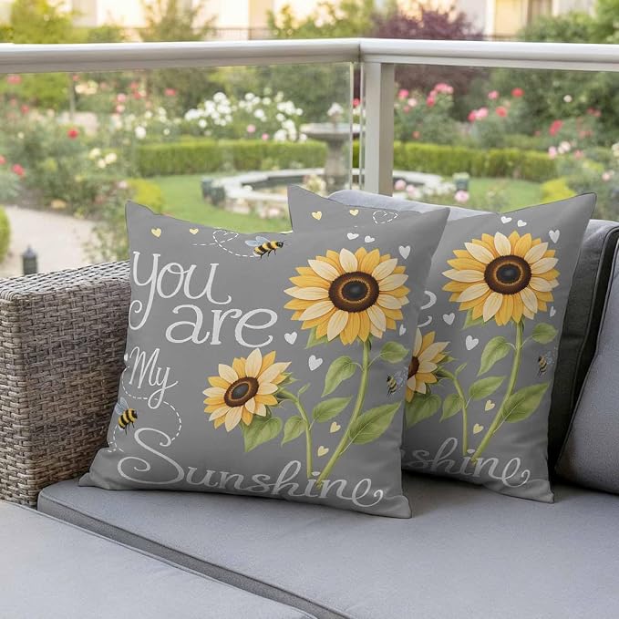 Outdoor Pillow Covers Letters You are My Sunshine Decorative Throw Pillow Covers, Pastoral Sunflowers on Gray Throw Cushion Case with Zipper for Patio,Couch,Sofa,Garden 18x18in Set of 2