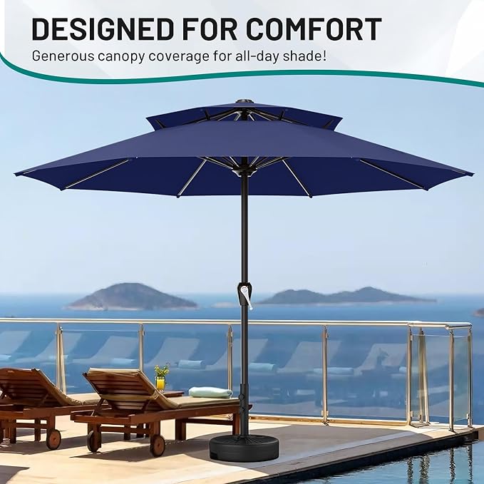 AreShark 12ft 2 Tiers Patio Umbrella - Outdoor Umbrella Waterproof UV Protection, Market Table Umbrella w/ 8 Sturdy Ribs&Crank for Pool, Porch, Garden(Navy)