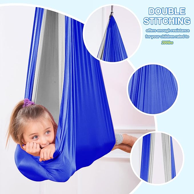 Therapy Swing Hammock Kids Cuddle Sensory Swing Indoor Therapeutic Hammock 360° Rotating Double Layer Elastic Rocking Cloth Swing Gifts for Children with ADHD SPD Asperger Autism (Blue+Grey)