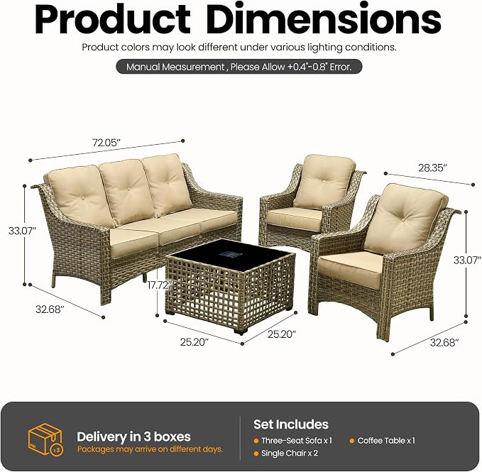 4 Piece Outdoor Patio Furniture Set, All Weather Waterproof Wicker High Back Conversation Set, Two Single Chairs, Solar Light Coffee Table, Outside Furniture for Porch Balcony, Beige