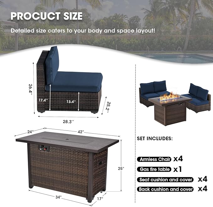 Grezone 5 Piece Patio Furniture Set with 44" Fire Pit Table, Outdoor Sectional Couch, PE Rattan Patio Conversation Sets with 4inch Cushions for Backyard Deep Blue (NY)