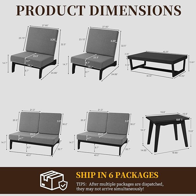 UIXE 6 Pieces All Weather Black Wood Patio Furniture Sets, 2 Patio Loveseat, 2 Patio Bistro Chair, Outdoor Sectional Sofa Furniture Backyard Conversation Set with Coffee Table - Gray
