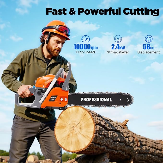 Gas Chainsaw, 58CC 2-Stroke Gas Powered Chain Saw 20Inch Handed Gasoline Chainsaw with Chain & Guide Bar, Petrol Chain Saw Gas Sawing Garden Tool for Outdoor Garden Farm Home, 10000Rpm