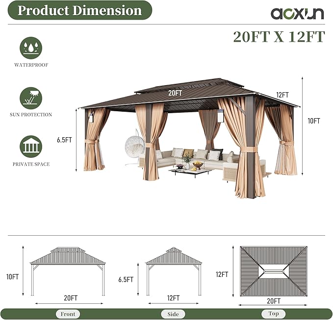 Aoxun 20'x12' Hardtop Gazebo with 4 LED Lights, Outdoor Gazebo with Galvanized Steel Double Roof, Patio Gazebo with Breathable Netting & Privacy Curtain, Decor Hooks for Backyard, Brown