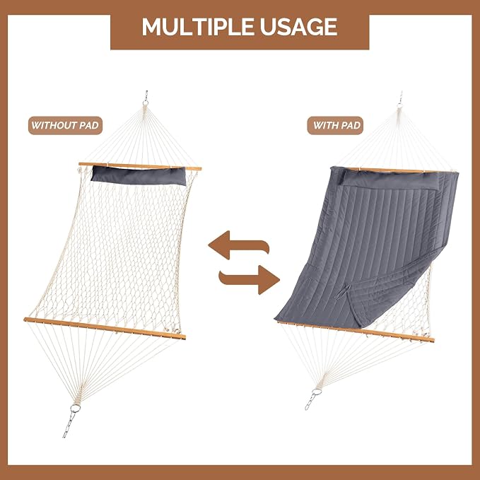 Double Hammock with Stand,Heavy Duty Portable Outdoor Hammock for 2 Person,Detachable Hammock Bed for Outside,﻿550 LBS Capacity,for Patio, Garden, Backyard & Beach (Gray)