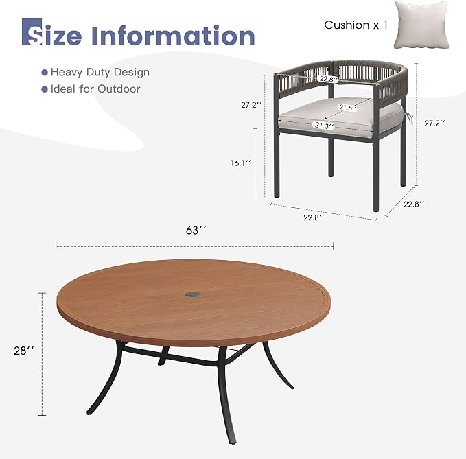 VICLLAX Patio Dining Set, 63" Walnut Table & 6 Chairs with Wheat Cushion | Outdoor Table and Chairs Set of Round Metal Patio Table, Outdoor Dining Chairs with Metal Frame, Garden Deck Porch