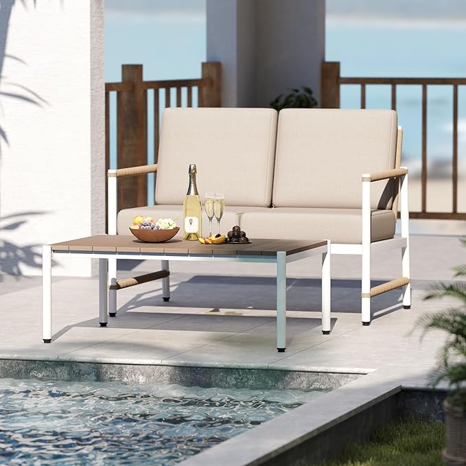 Tangkula 2 Pieces Patio Furniture Set, Outdoor Aluminum Conversation Set with Thick Cushions, Patio Loveseat Sofa with Coffee Table, Modern Bistro Set for Poolside, Deck, Yard