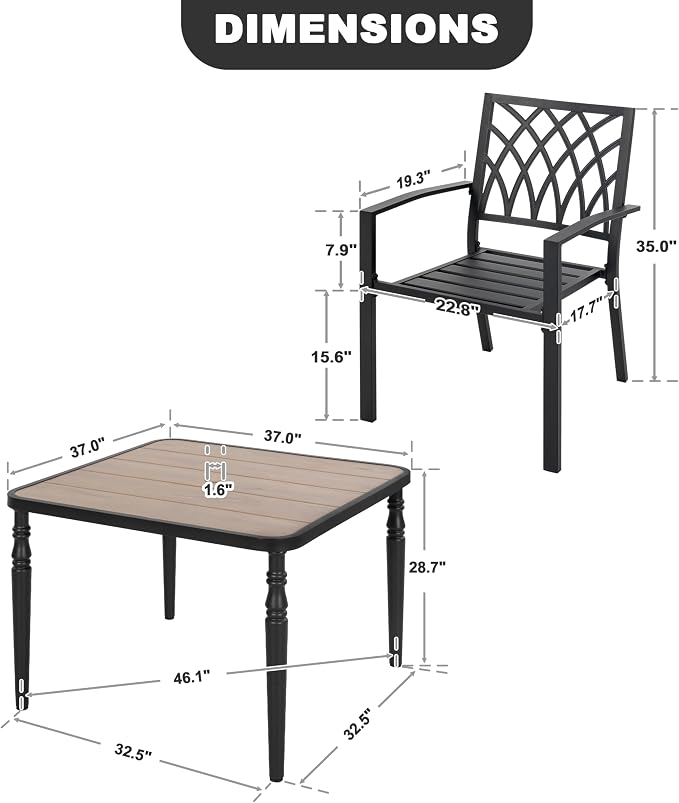 NUU GARDEN 5-Piece Outdoor Dining Set, 4 Stackable Chairs & 37" Square Table with Umbrella Hole and Faux Wood Tabletop, Weather-Resistant Furniture for Patio Deck Yard Garden, Black