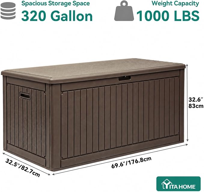 YITAHOME 320 Gallon Double-Wall Deck Box with Divider & Side Handles, Outdoor Large Storage for Patio Furniture Cushions, Garden Pool Accessories, Water Resistant & Lockable, Dark brown