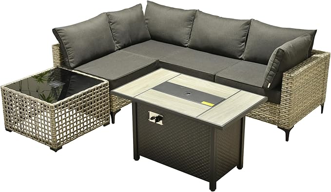 Outdoor Patio Furniture Sets,6 PCS Patio Conversation Set Outside Rattan Sectional Sofa with 42 in Fire Pit Table&Coffee Table Fit Backyard Porch Garden Poolside Balcony