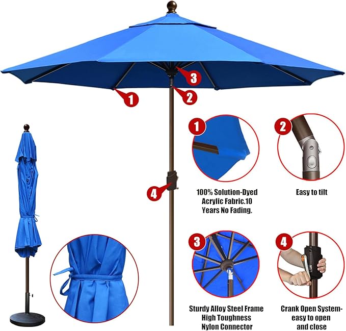 EliteShade USA 10-Year-Non-Fading 10Ft Market Patio Umbrella, UPF 50+ UV Protection Performance Sun Umbrella, Heavy Duty Commercial Grade Outdoor Table Umbrella with Crank & Tilt, Windproof Vented Top for Garden, Pool, Deck and Outdoor Playsets, Royal ...