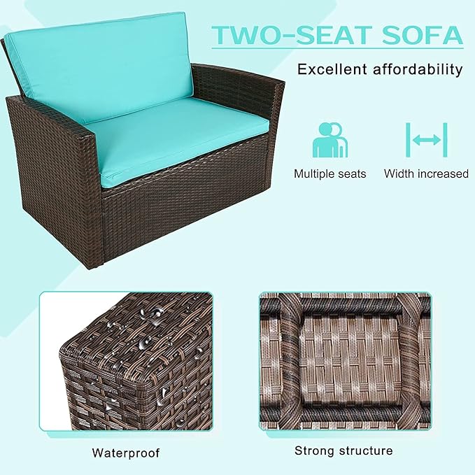 PayLessHere 4 Pieces Patio Conversation Set, Outdoor PE Rattan Wicker Sofa Furniture Set with Soft Cushions and Glass Coffee Table for Backyard Lawn Garden Balcony Porch Poolside (Blue)