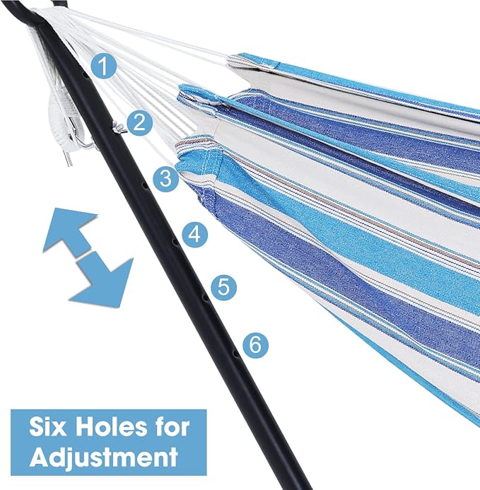 550lbs Capacity Double Hammock Adjustable Hammock Bed with 10ft Heavy Duty Steel Stand Includes Portable Carrying Case, Easy Set up Blue Pinstrip B