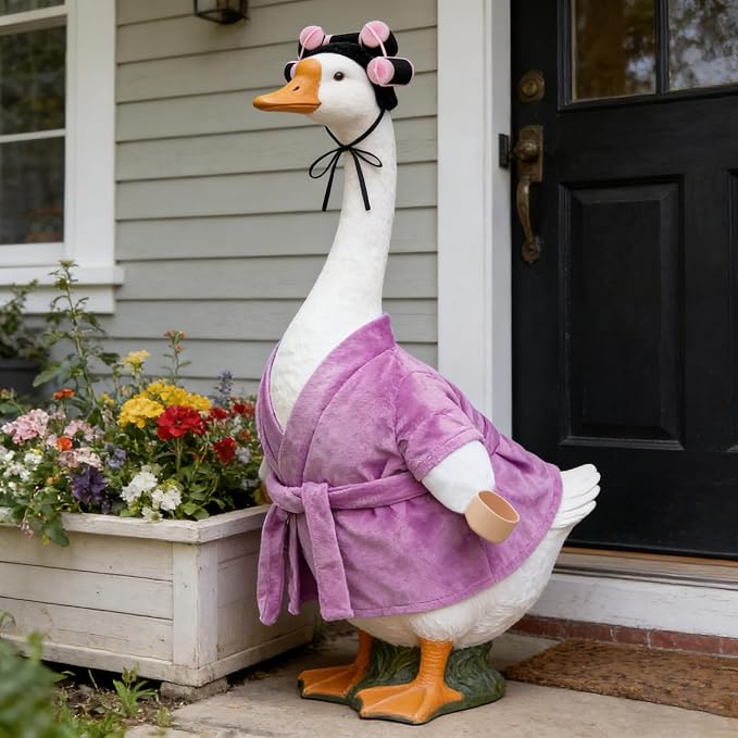 Old Lady Porch Goose Outfits Grandma Goose Clothes Glasses Curly Wig Floral Print Dress Cardign and Pearl Necklace,23'' Geese Statue Outdoor Patio Yard Lawn Decoration (Purple)