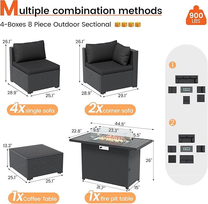 8 Piece Patio Furniture Set with 43" Fire Pit Table, Outdoor Sectional Wicker Rattan Sofa Set with Coffee Table (Black/Black)