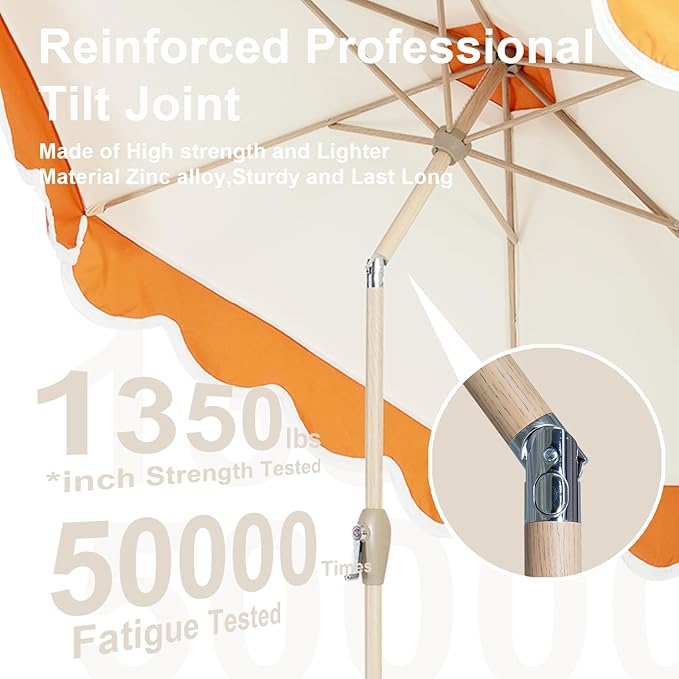 Tempera 9ft Scalloped Patio Umbrellas with Fringe, Market Umbrellas with Water-Resistant and Fade Resistant Canopy, 1.5" Wood Pole & Button Tilt.