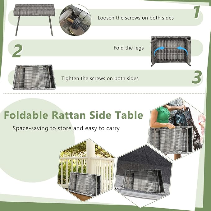 LDAILY Outdoor Side Table, Portable Wicker Coffee Table with Rattan and Steel Frame, All Weather Pre-Assembled Coffee Furniture, Standing Folding Patio for Courtyard, Poolside, Garden (Gray)