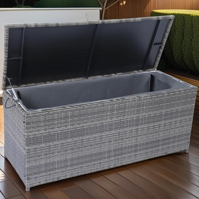 113 Gallon Deck Box Storage, Large Outdoor Weatherproof Storage Box with Lid,Wicker Outdoor Cushion Storage Box for Porch,Patio,Garden,Poolside,Tools,Toys (Light Grey, 53.15 Inch)