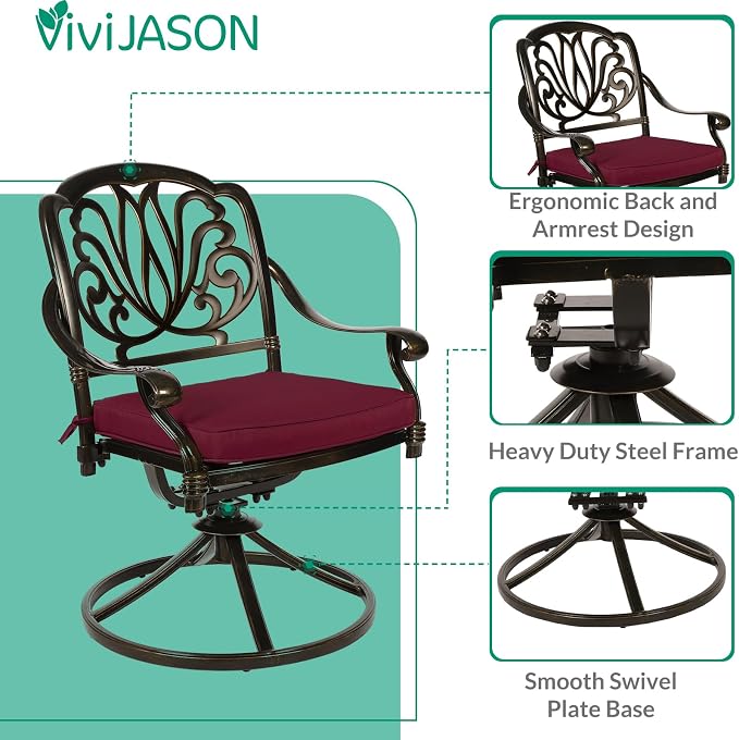 VIVIJASON 9-Piece Outdoor Furniture Dining Set, All-Weather Cast Aluminum Patio Conversation Set, Include 6 Stationary Chairs, 2 Swivel Dining Chairs and an Oval Table with Umbrella Hole, Red Cushion