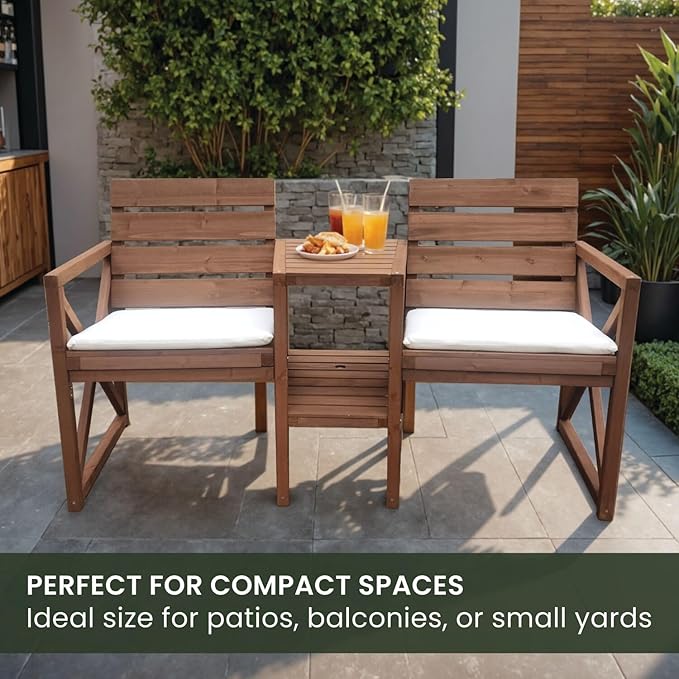 Hanover 33.5" x 27.5" Wood Outdoor Conversation Set with Two Seats, Table, and Umbrella