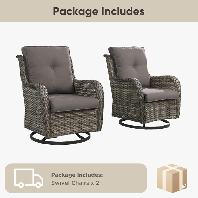 Belord Outdoor Swivel Chairs Set of 2,Patio Wicker Rocker Chairs,All Weather Patio Conversation Furniture Set, Ideal for Porch Balcony Deck Yard, Gray Wicker/Gray