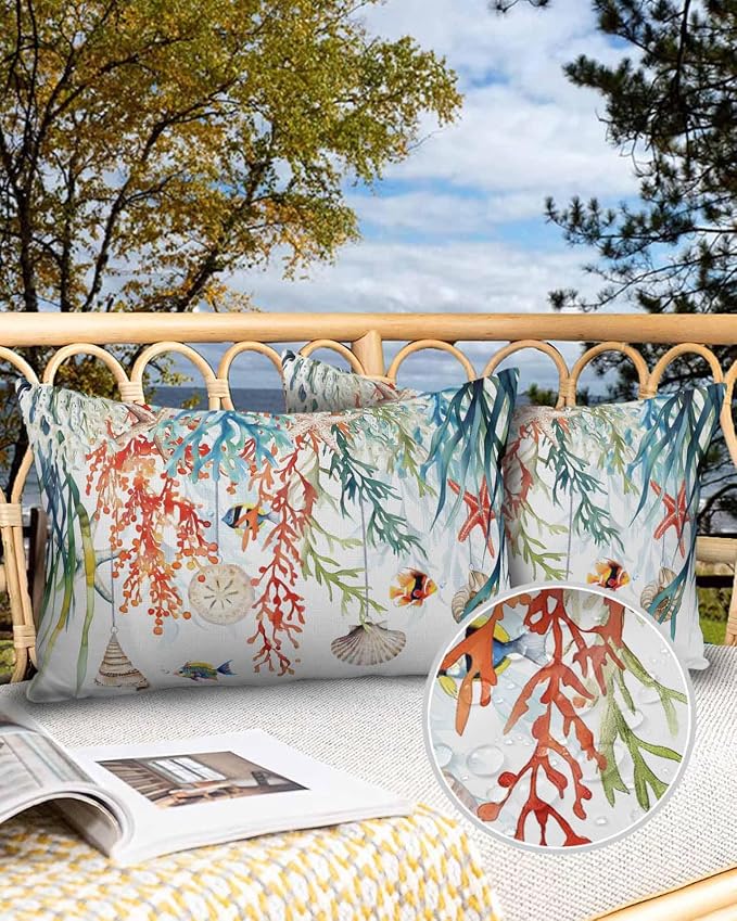 Outdoor Waterproof Throw Pillows Summer Colorful Coral Shell Conch Patio Pillows Pack of 2,Decorative Pillow Covers with Insert,Pillow Cushion Case for Garden Couch Sofa Sea Starfish Fish Marine Life